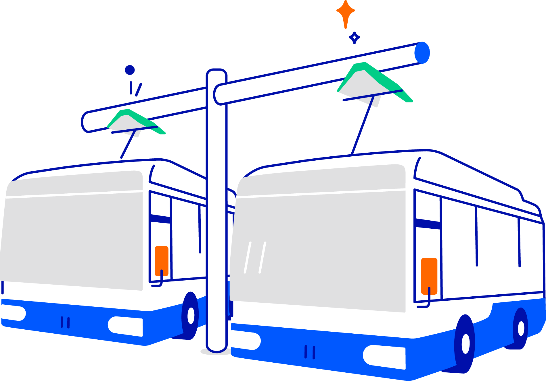Illustration of electric city buses which are charging at a battery station
