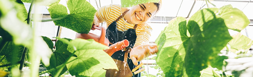 Vrouw is met een gieter planten aan het water geven 