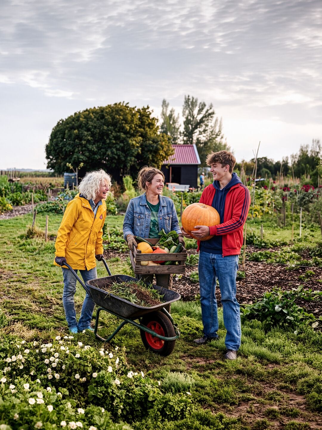 2 vrouwen en man in een voedseltuin