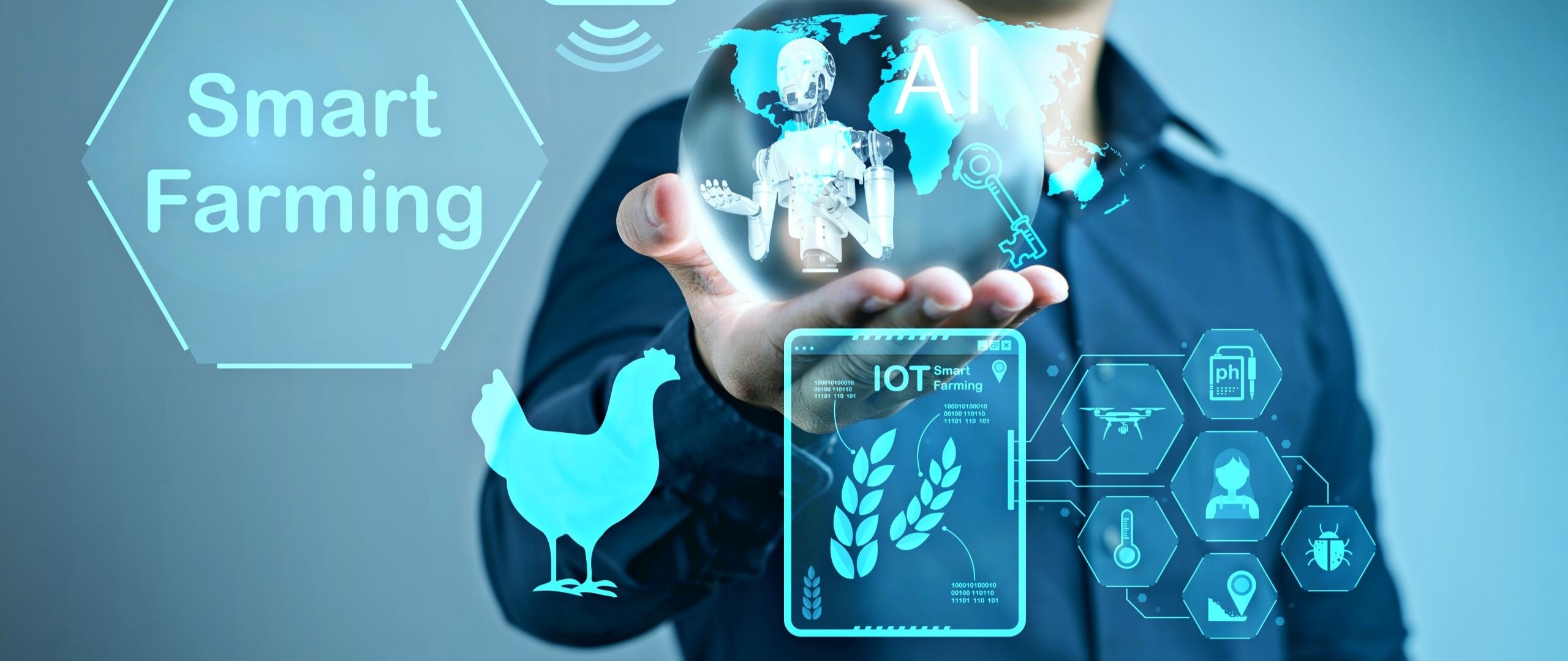 AI Integration in Smart Farming and Poultry Management : A person displays a holographic globe highlighting AI's role in smart farming and efficient poultry management systems.