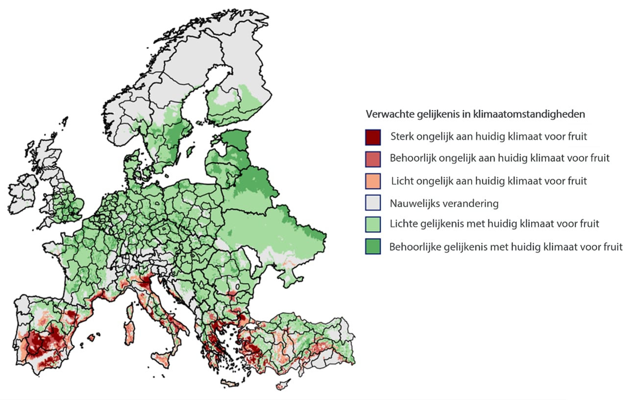 Verwachte verschuiving in klimaatgeschiktheid voor de Europese fruitproductie tegen 2050