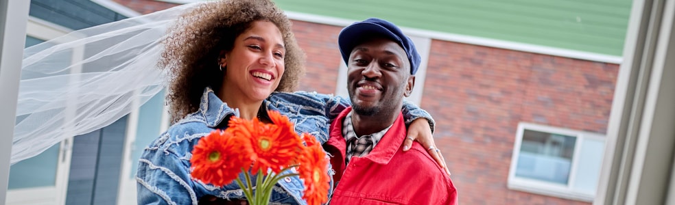 Newly married couple has bought a house and goes to view it.