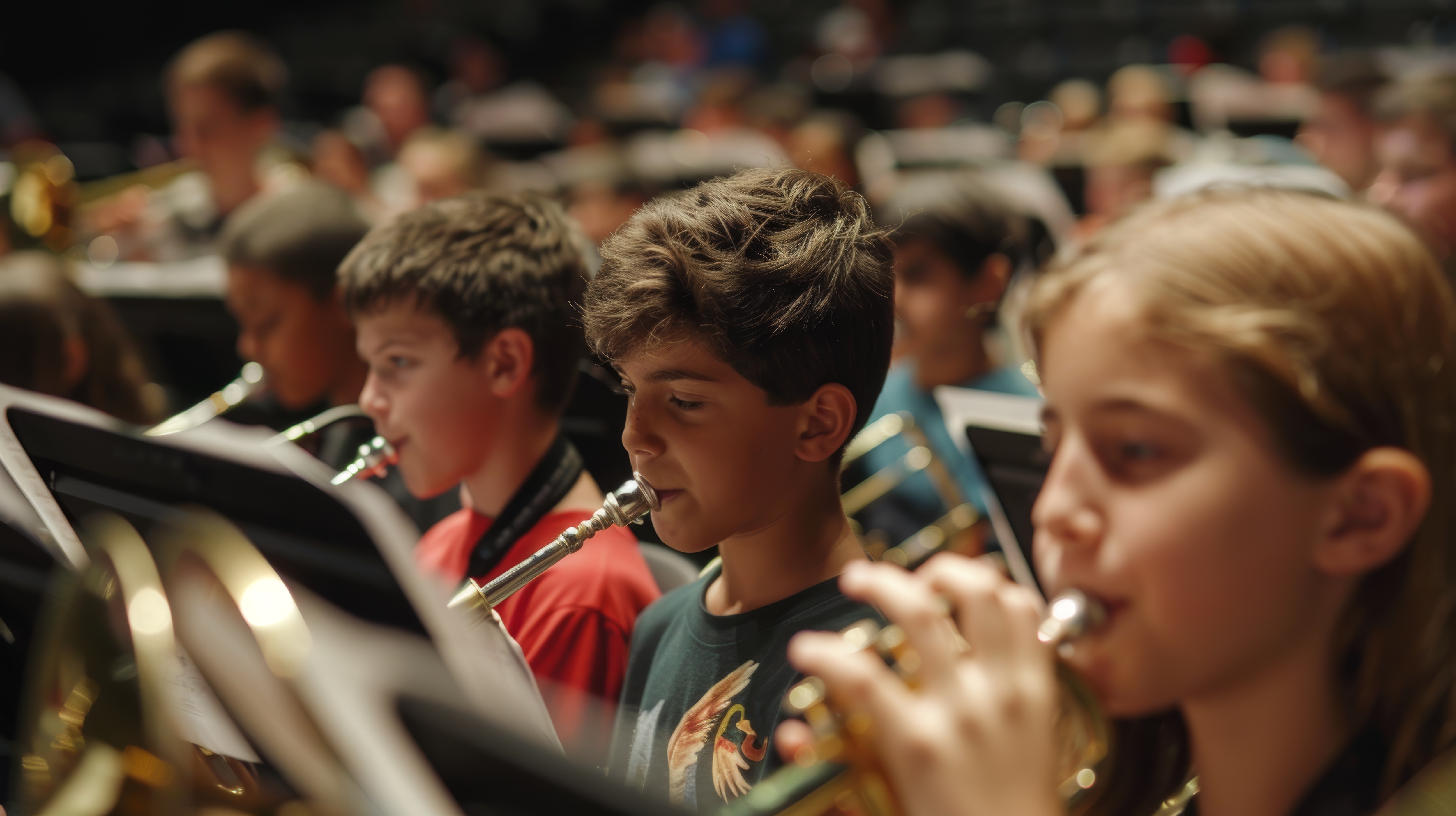 High school students rehearse for a band competition, displaying intense focus and synchronized play. the image shows them playing trumpets in a coordinated effort, emphasizing teamwork, dedication, and musical passion.