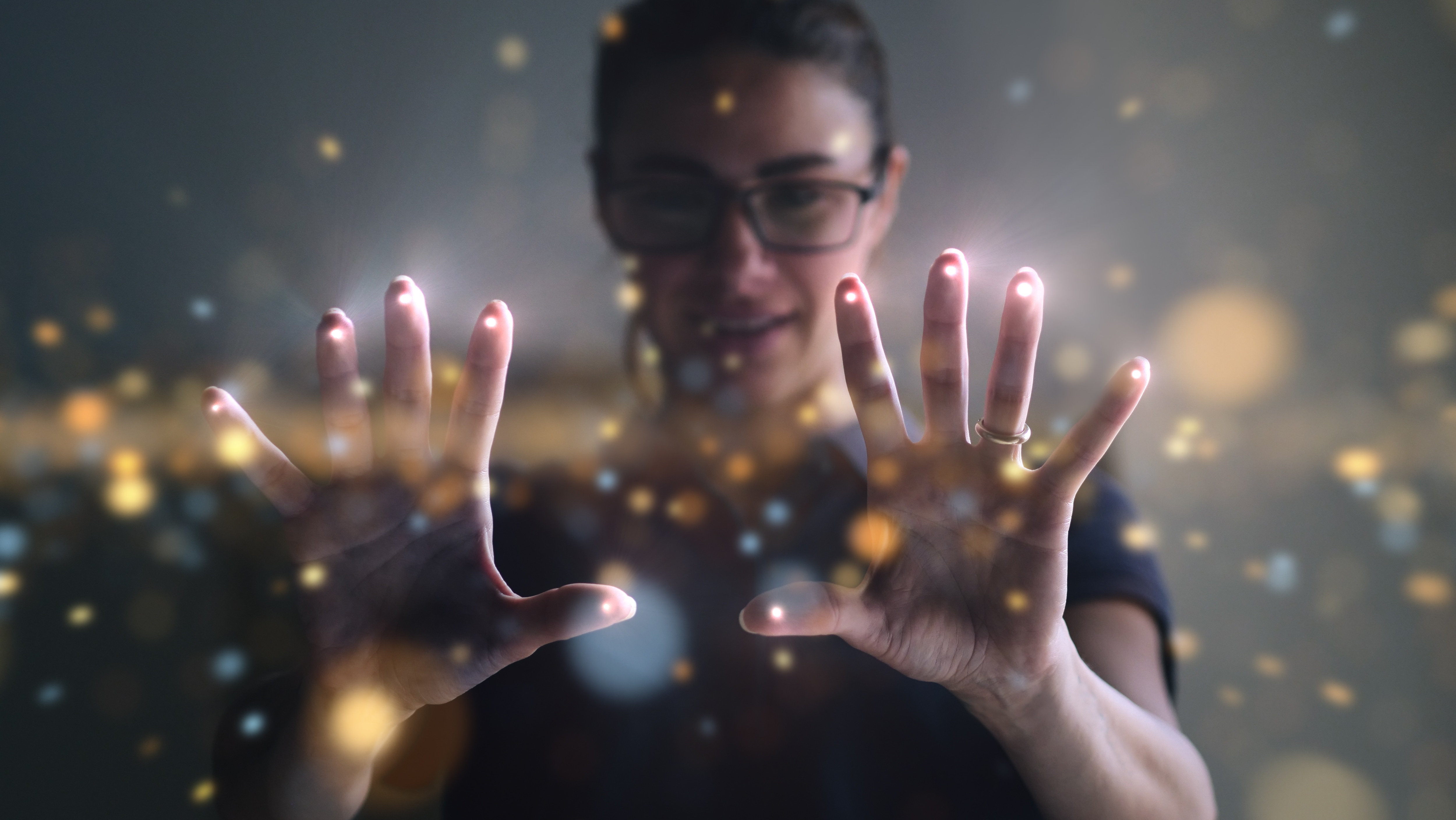 Young woman using innovation technology with augmented reality