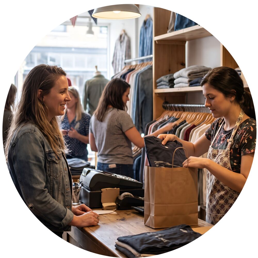Vrouw koopt een shirt van een verkoopster aan de kassa in een modewinkel.