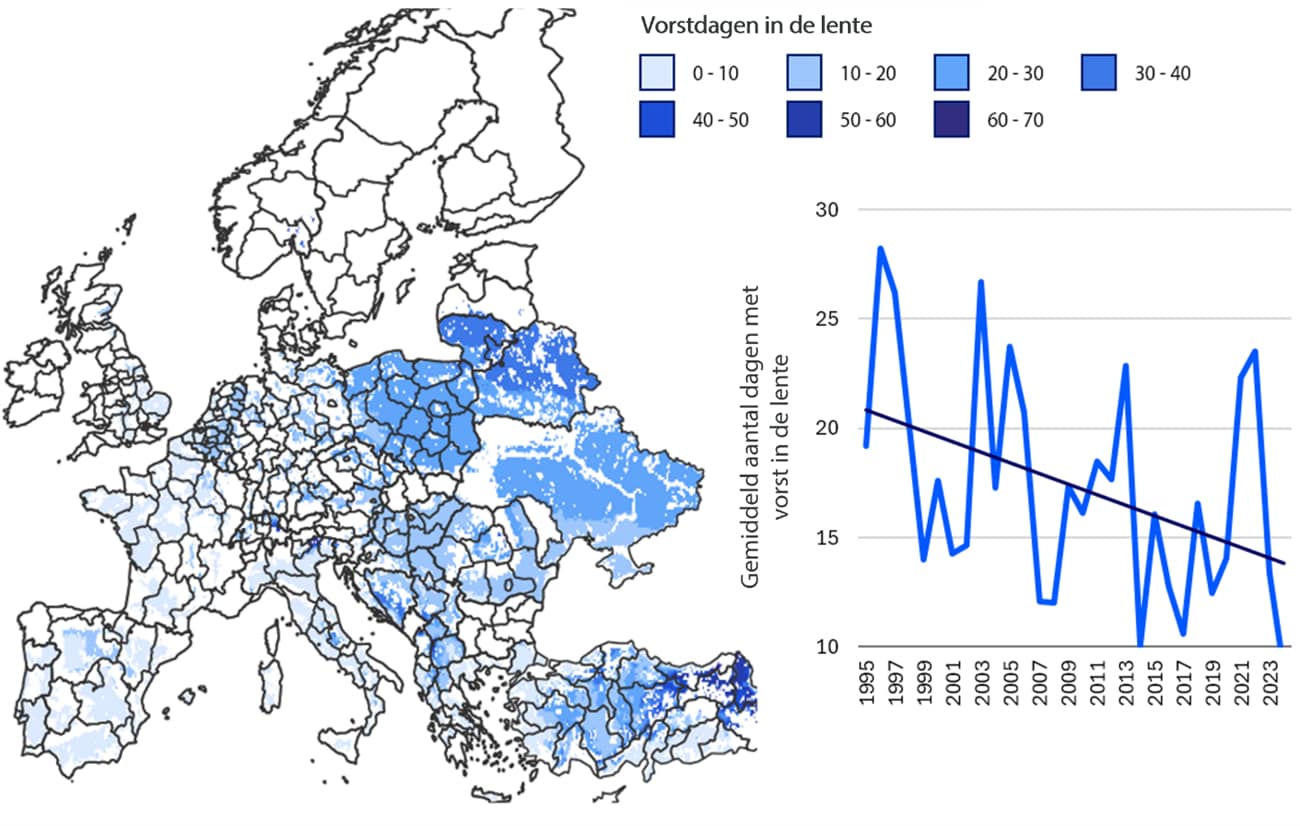 Blootstelling aan voorjaarsvorst en de ontwikkeling daarvan in Europese appel- en perenproductieregio’s, 1995-2024