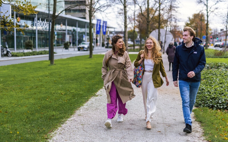 collega's lopen buiten en hebben een overleg